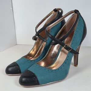 Gomax Ashland Teal And Black Cross Strap 2 Tone Heels